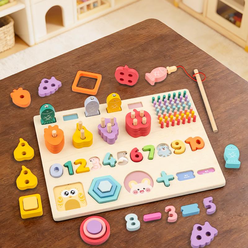 Wooden multifunctional logarithmic board, color, shape, cognitive matching, numerical calculation, fishing, children s toy