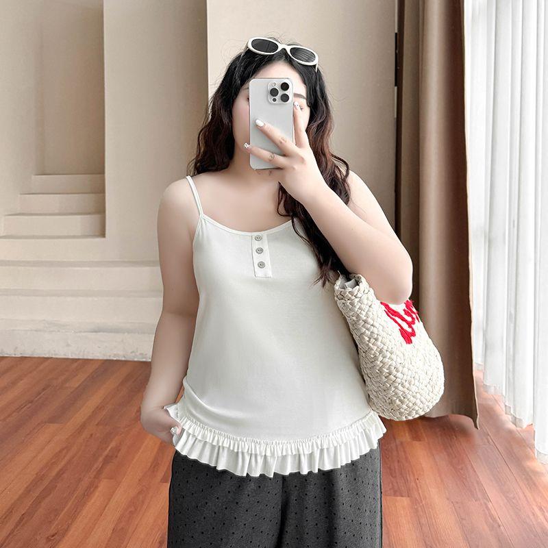 

Plus Size Women s Clothing [Sexy Small Sling] Summer Cool 100.00kg Inner Wear Cover Belly Outwear Lace Vest Tops Cheese White 5XL