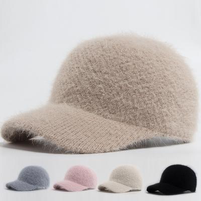 Gestrickte Baseballkappe aus Kunst-Kaninchenfell Damenmode Herbst Winter Warme Mütze für Damen Weibliche Lässige Kappen Frau Verstellbar Neu