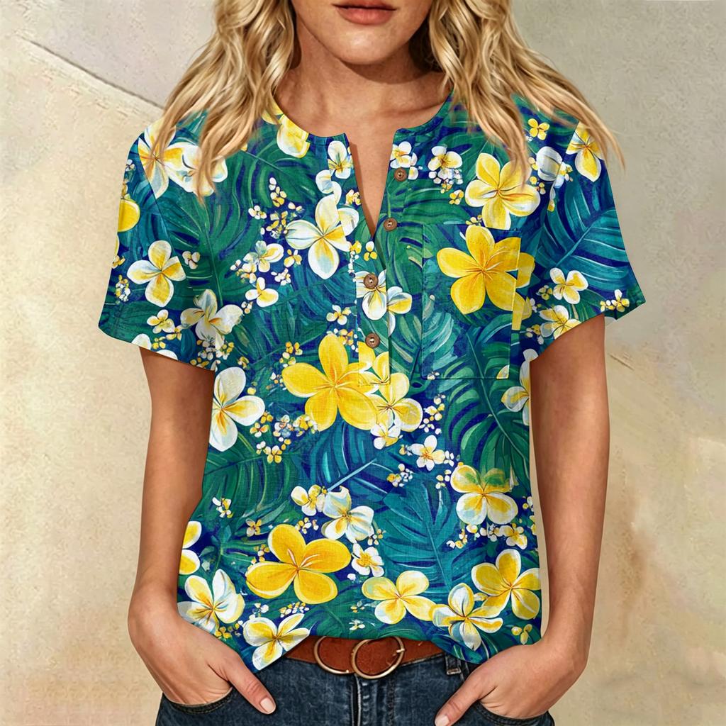 Women's Floral Print Short Sleeve Shirt Henley Button Neck Chest Pocket Casual Linen Cotton Blended Top for Summer