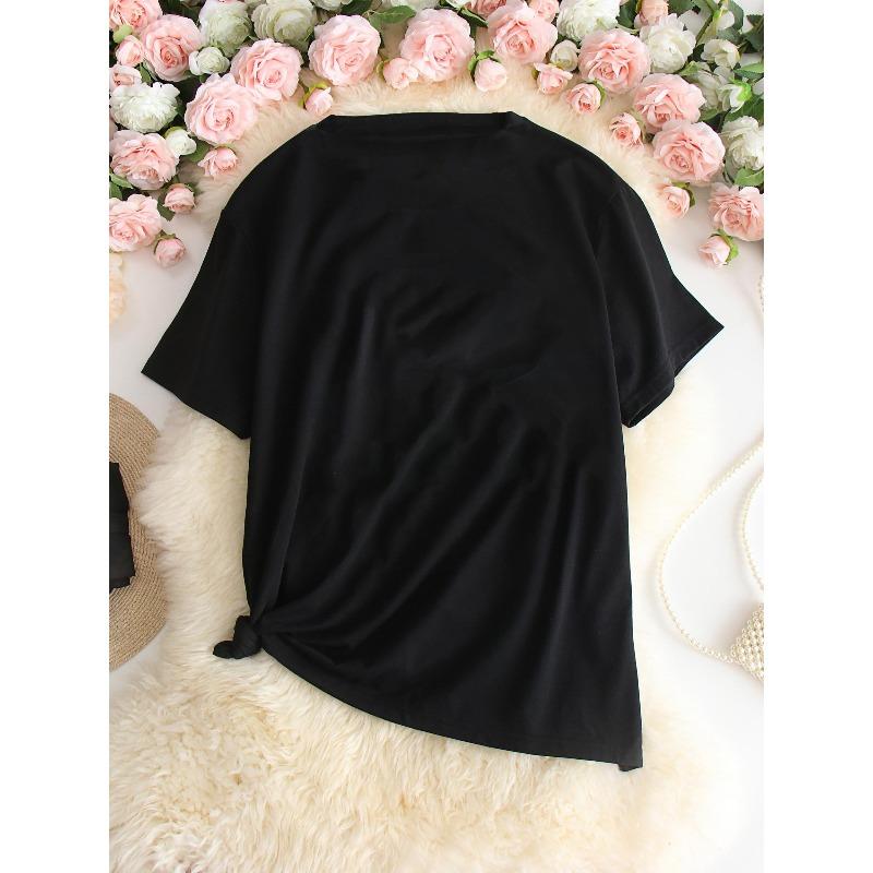 European sizes Heart Print T-Shirt, Casual Crew Neck Short Sleeve T-Shirt