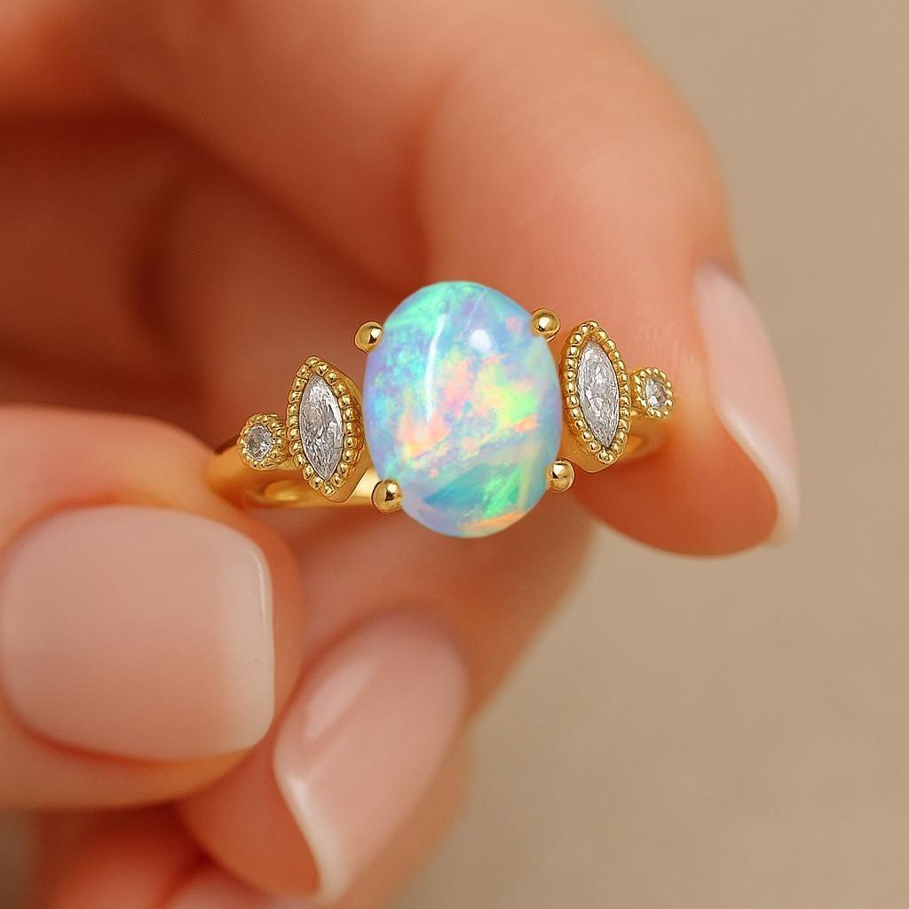 Naturlig Vit Opal Ädelsten Guld Statement Ring, Eld Etiopisk Opal Ädelsten Guldring, Födelsesten Ring för Kvinnor, Opal Minimalistisk Gåva