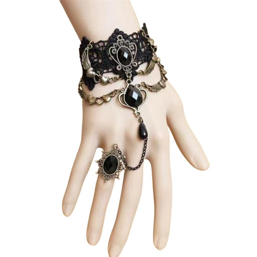 Gotisches Schwarzes Spitzenarmband und Ring Set Vintage Viktorianisches Punk Schmuck für Damen
