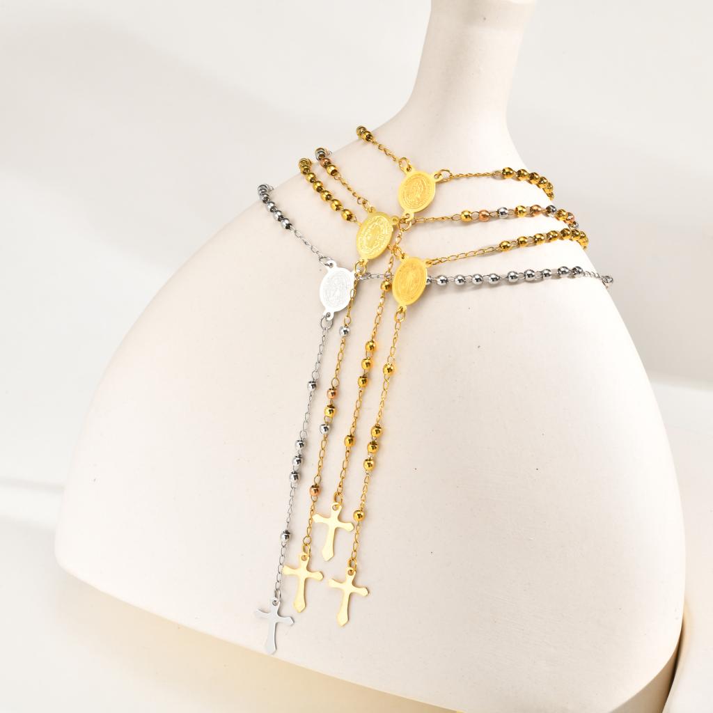 Vnox Collana con Rosario in Acciaio Inossidabile e Croce della Vergine Maria per Donne, Collana a Y con Medaglia Ovale del Rosario di San Benedetto Gioielli