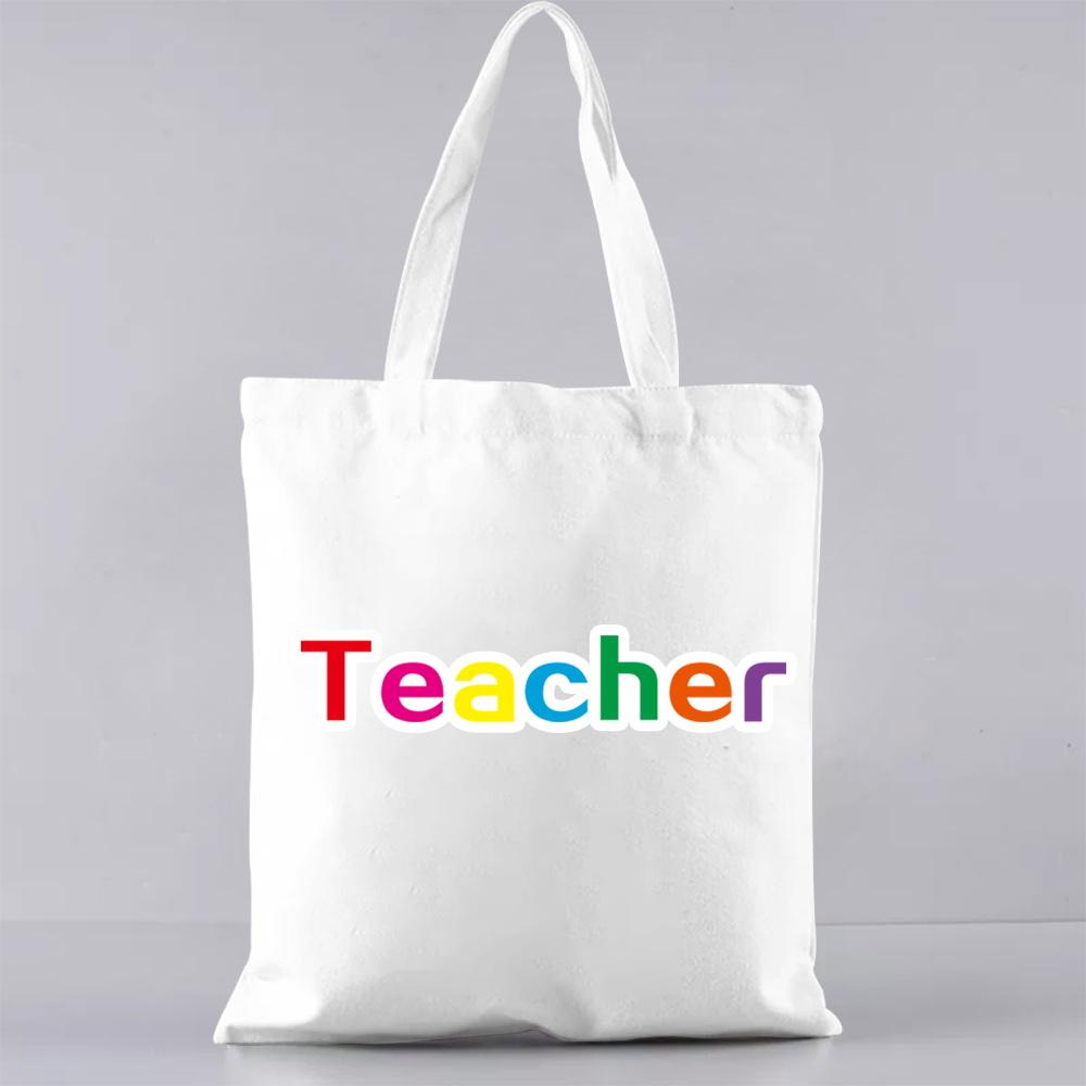 Fashion Shopping Bag Handbag Commuter Casual Shoulder Bag Reusable Canvas Bag White Cartoon Teacher Pattern Printing Tote Bag