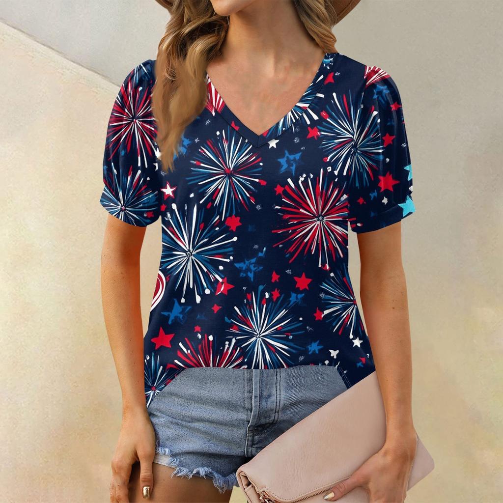 Women's Fashion Independence Day Print Top Puff Short Sleeve V-neck T-shirt Loose Casual T-shirt