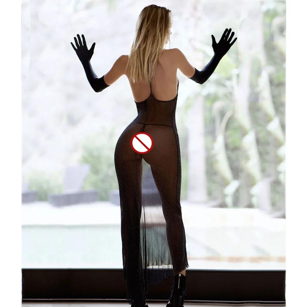 Women Sleeveless V-neck Strap Dress Sexy Transparent Black Mesh Long Maxi Dress Nightwear Sleepwear Erotic Lingerie