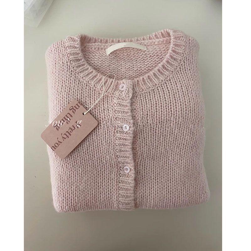

Pig Oni South Korea Dongdaemun Autumn Sweet Style Pink Single-Breasted Loose Knitted Cardigan Sweater Outwear Female Pink All yards
