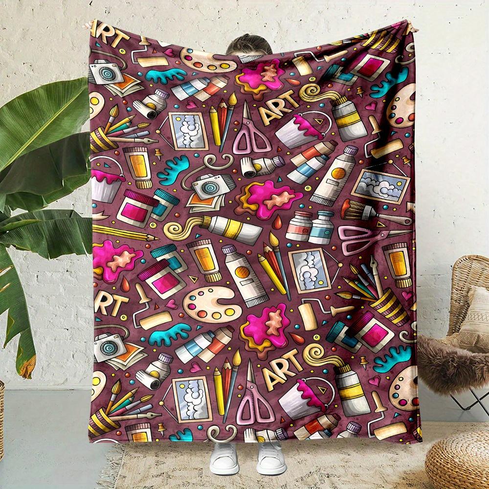 Art Studio Print Throw Blanket  Reversible Flannel for Creative Comfort Artist Gifts  Cozy Inspiration 75x100cm