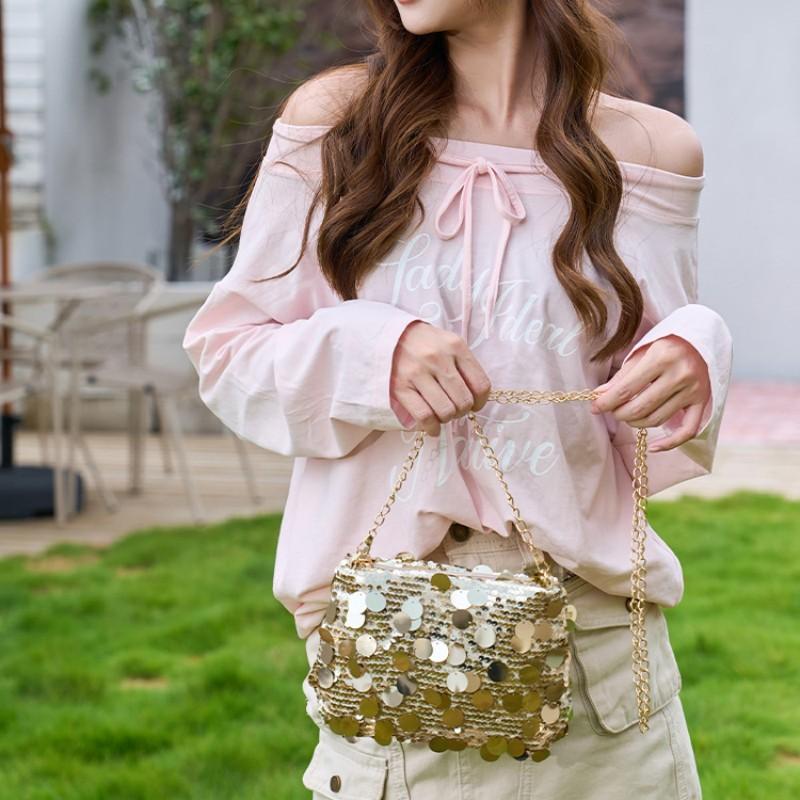 Shiny Sequin Shoulder Bag For Women Fashion Chain Crossbody Bag Casual Versatile Small Square Bag Party Banquet Evening Bag