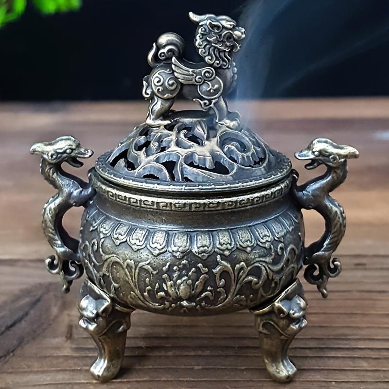 

1pc Mini Dragon Qilin Three-Legged Incense Burner, Exquisite Dual Dragon Carving with Qilin Lid on Top (Without Incense) бронзовый