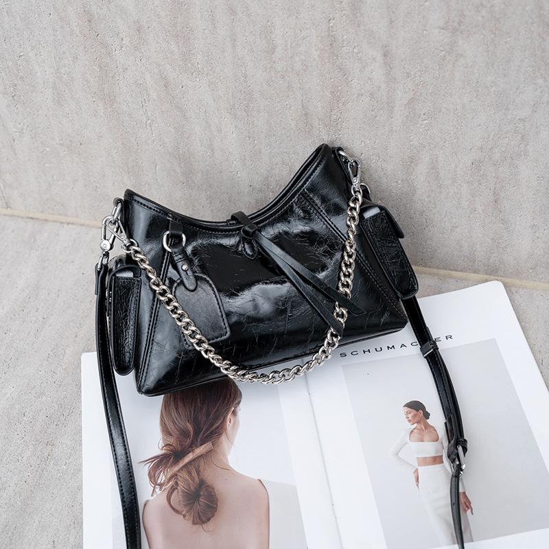 

Top Layer Cracked Cowhide Stitching Chain Envelope Bag High-Grade Genuine Leather Women s Bag Large Capacity Fashion Single Shoulder Bag 25x10x18cm чёрный