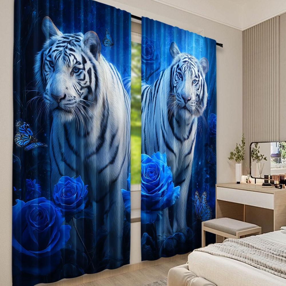 Flat Printing Window Drapes Mystic Tigers Roses Digital Printed Polyester Birthday Party Use Event Curtain Set Of 2 Made Washable