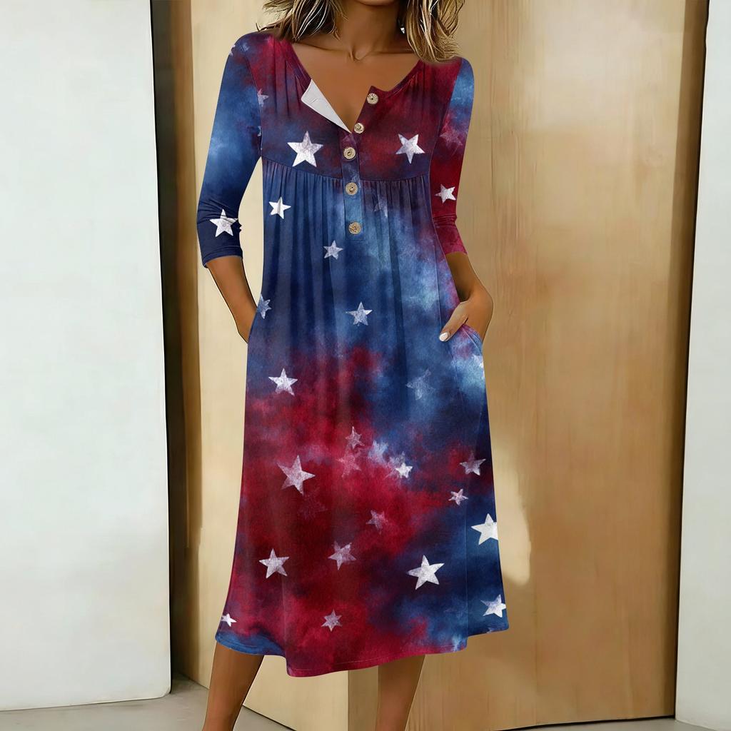 Women's Casual 3/4 Sleeve Button Neck Mid-Length Dress with Abstract Print and Loose Fit for Everyday Wear