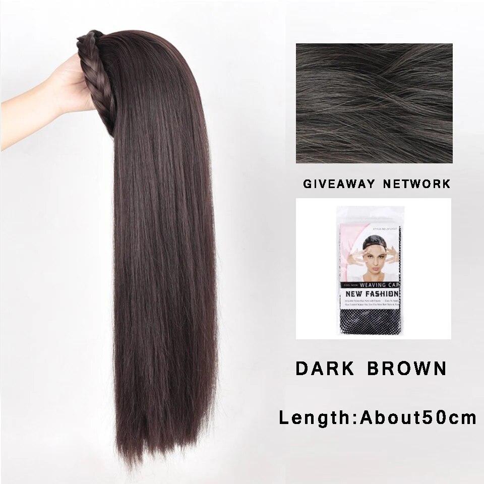 Synthetic Long Wavy Headband Wig Black Brown Women's With Twist Braid Hairband Accessories Natural Half Wig