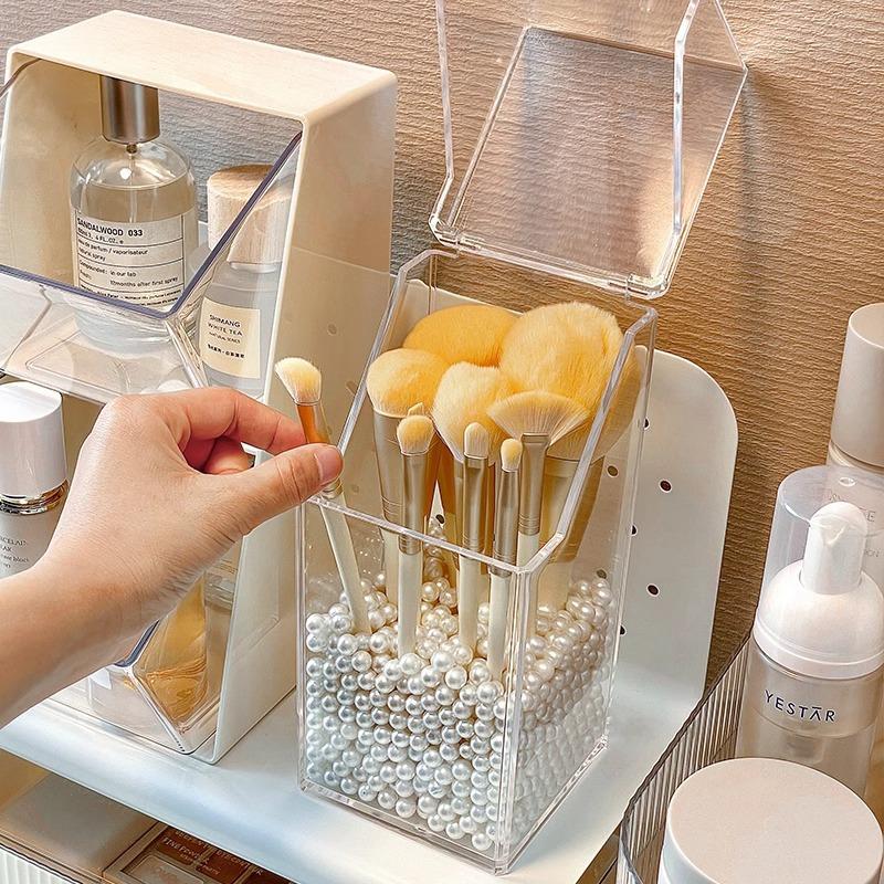 1PC Transparent Makeup Brush Holder with Lid - Dust-proof Large Capacity Cosmetic Organizer for Lipsticks Desktop Storage Box