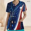 Women Plus Size V Neck Short Sleeve Star Printed Nurse Scrub Top With Front Pockets