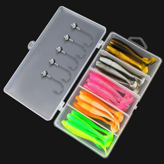 31Pcs/Box 5.5/6.5/7.5CM Soft Fishing Lure Hooks T-shaped 5 Jig Head Kit with Paddle Tail Colorful