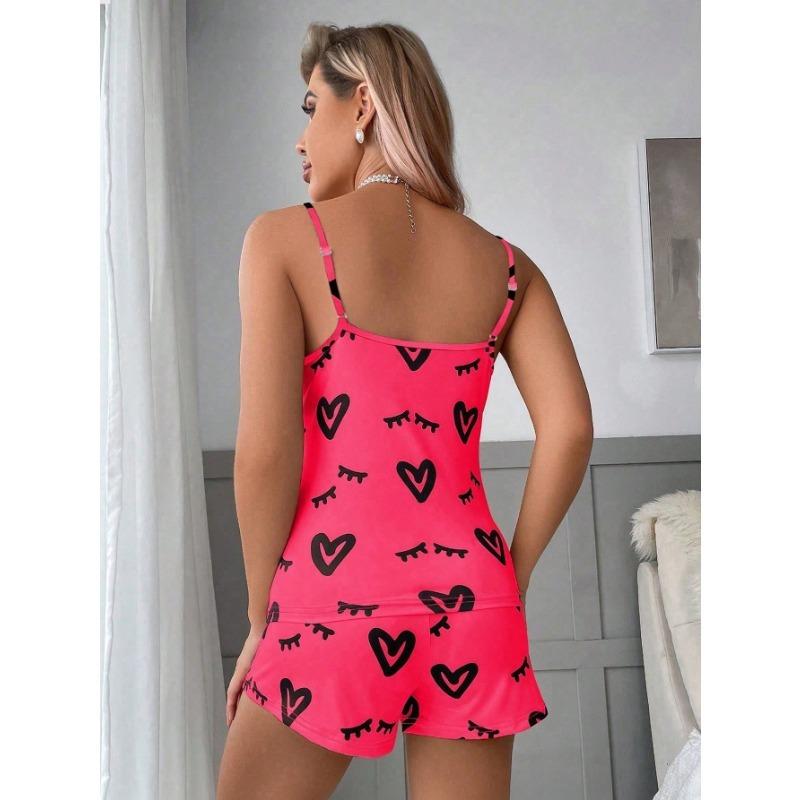 Women's Casual Heart Pattern Dark Pink Pajama Set