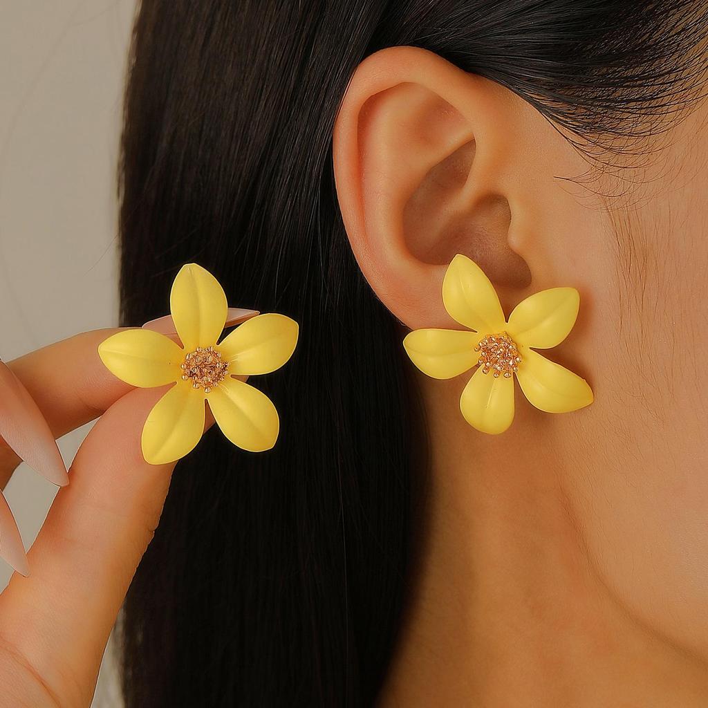 Colorful Drip Oil Flower Stud Earrings - Simple Double-Layer Petal Design for Women, Perfect for Spring and Summer