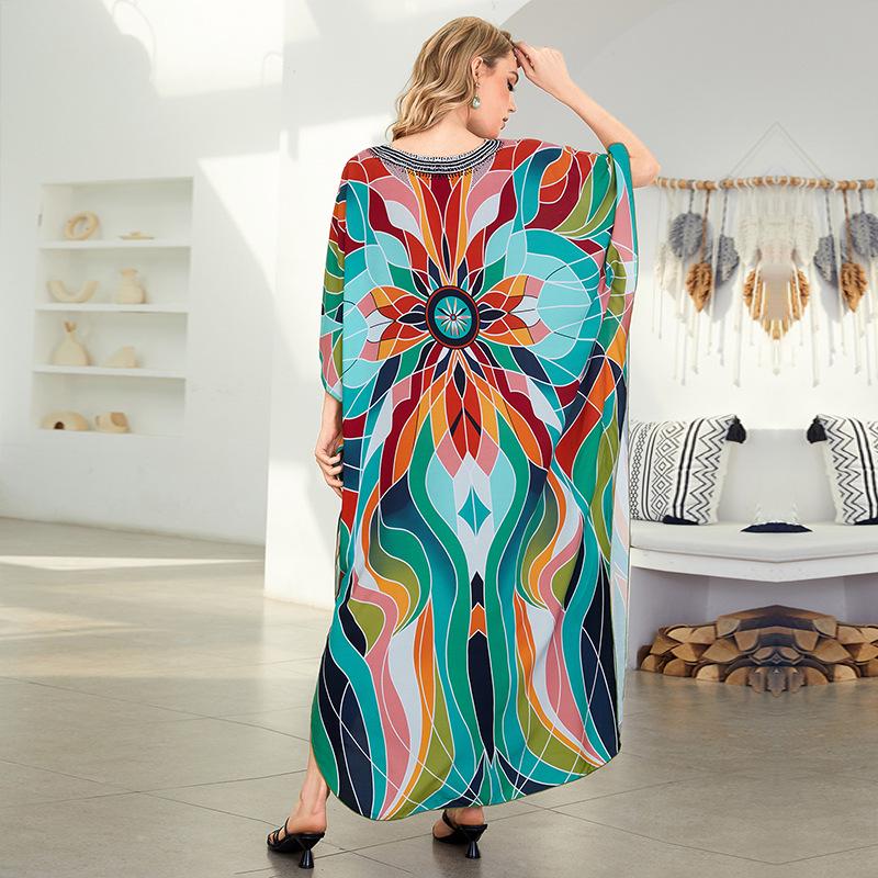 European-American Cotton Print Loose Plus Size Long Dress Beach Cover-Up Robe Style