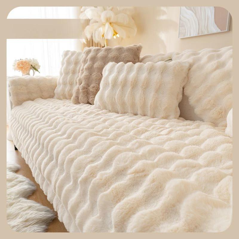 Vinter Tykke Sofa Håndkle Ensfarget Kanin Plysj Sofa Pute Hjørne Myke Slipcovers for Stue Nordic Decor Sofatrekk