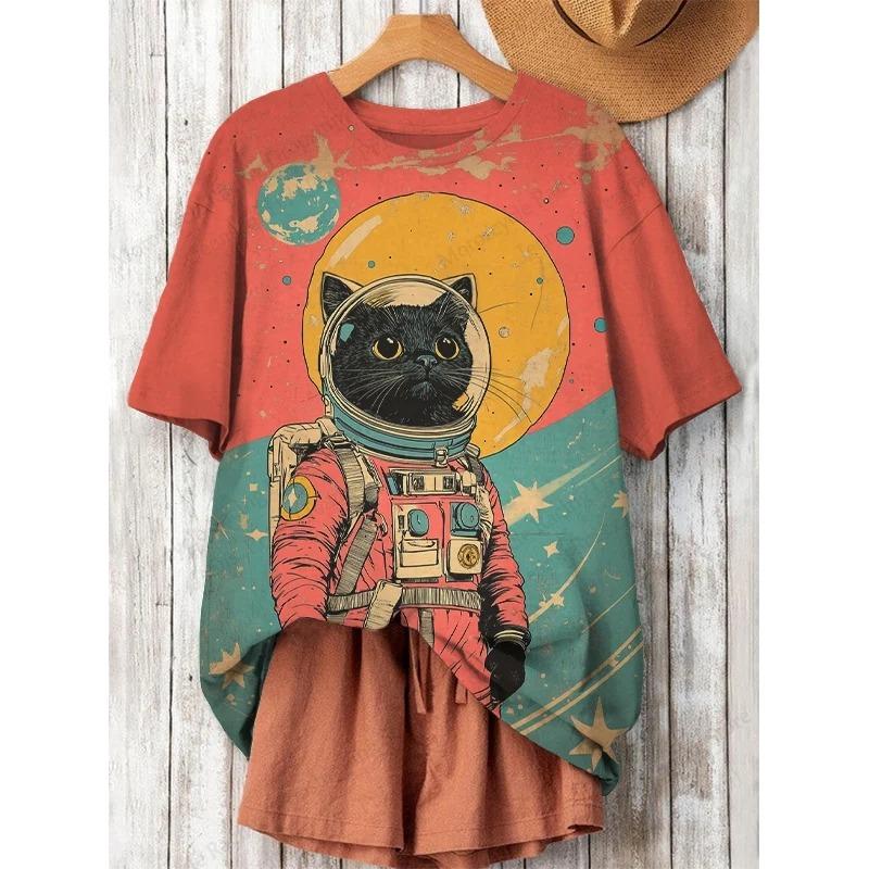 Anime Cat Samurai 3D Print Vintage Graphic T-shirt Women Fashion Casual Oversized Short Sleeve Tops Tees Ladies Clothes Animal