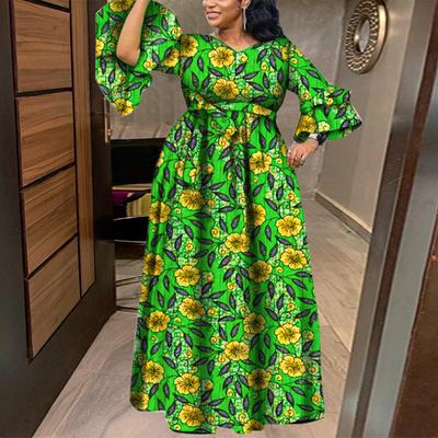 Ženy nadrozmernej veľkosti s okrúhlym výstrihom a dlhým rukávom Zbierajte jednofarebné voľné šaty s potlačou v páse