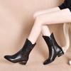 Pointed fashion short boots women's autumn and winter new black bow embossed cowhide side zipper medium boots