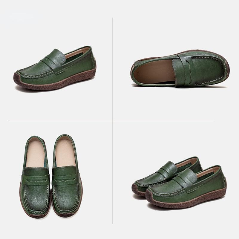 Johnature Scarpe basse da donna in vera pelle retrò fatte a mano Mocassini casual con punta rotonda con suola morbida e poco profonda