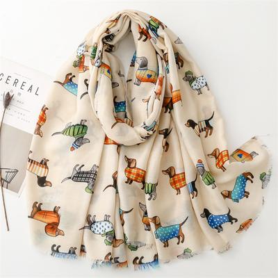 Bufanda de algodón y cáñamo con textura de otoño e invierno, bufanda de seda con diseño de perro y animal de dibujos animados, chal cálido para mujer