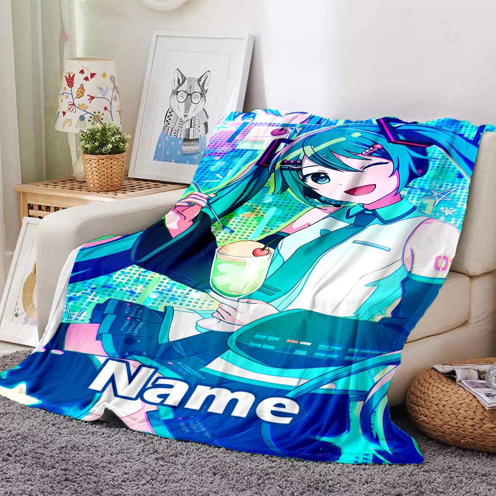 Custom Name Hatsune Miku Theme Printed Blanket - Perfect for Couch, Bed, Travel & Outdoor Use | Machine Washable, Cozy & Durable.