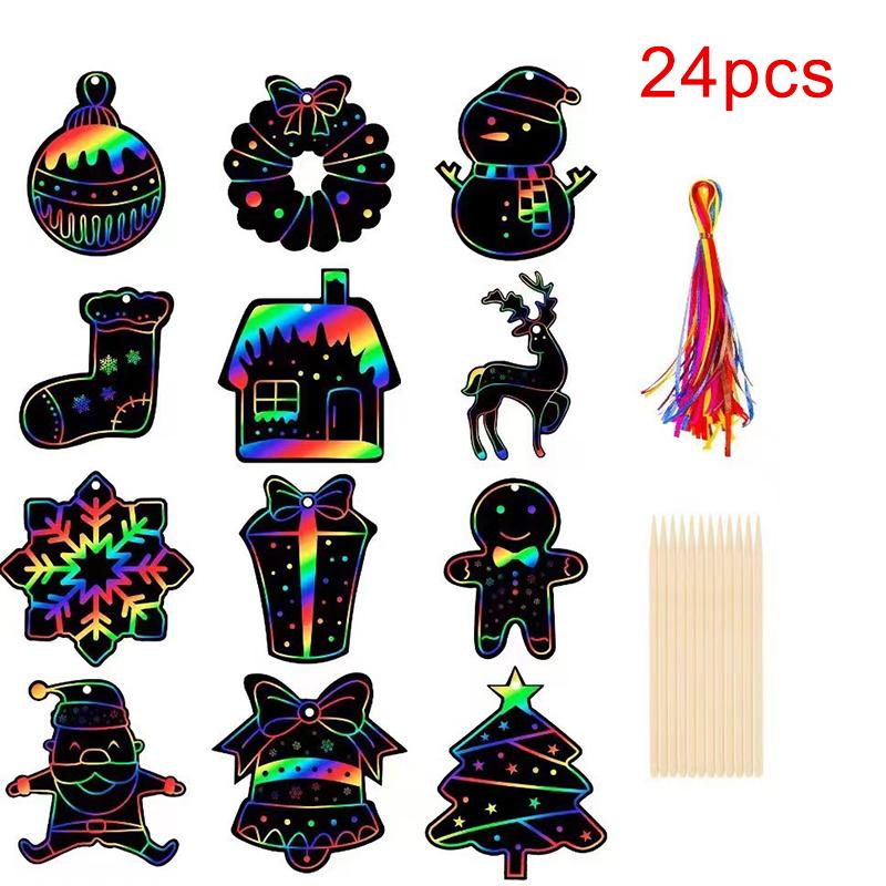 12/24/36Pcs Christmas Scratching Card DIY Art Painting Graffiti Art Christmas Tree Decoration Xmas Children Gift Festival Home Decor