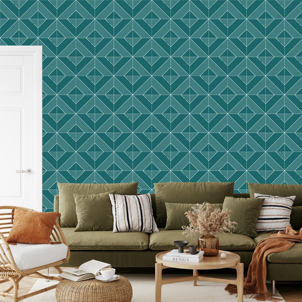 Geometric Rhombus Wallpaper, Turquoise Background, Turquoise Center, 50x1000
