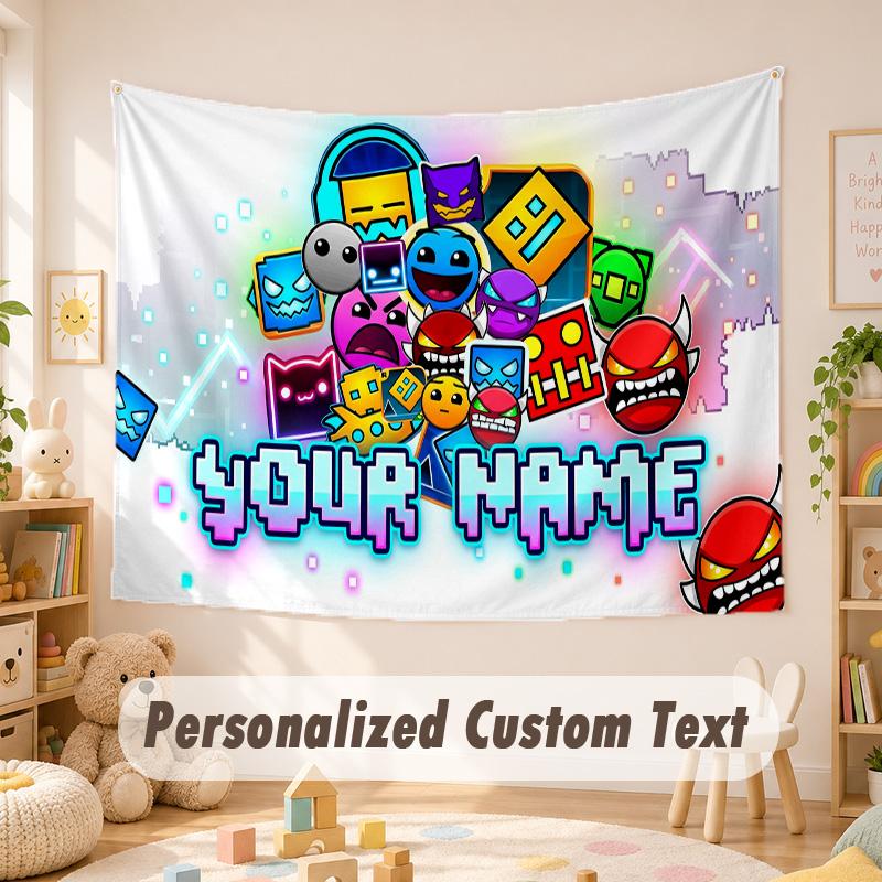 Custom Name Text Tapestry,Geometry Dash Boho Wall Hanging, Decorative Backdrop Tapestry For Room