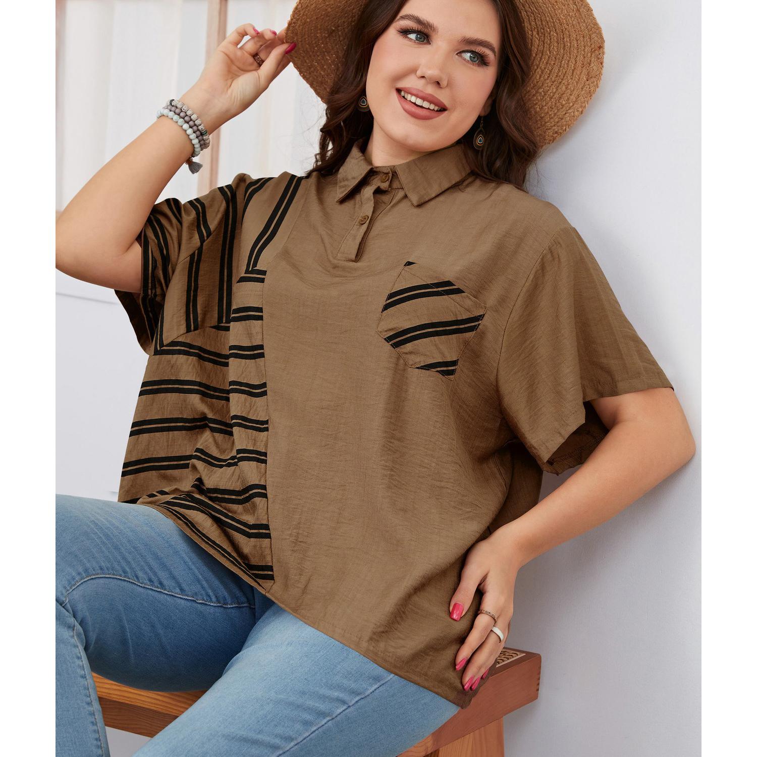 

Женская лоскутная рубашка с воротником и воротником на пуговицах с коротким рукавом, свободная повседневная футболка, легкая дышащая, удобная модная рубашка для поездок на работу плюс 3XL