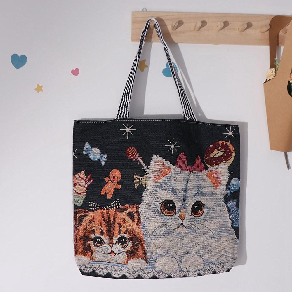 Large Capacity Ethnic Style Handbag Embroidery Animal Shoulder Bag Casual Cute Cat Cloth Bag Women