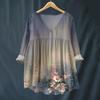 Women's Fashionable And Casual Shirt Long-sleeved V-neck Print Cotton And Linen Blouse