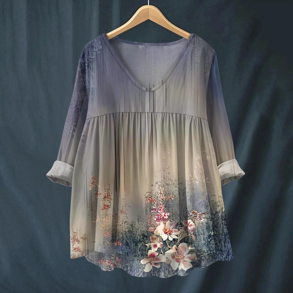 Women's Fashionable And Casual Shirt Long-sleeved V-neck Print Cotton And Linen Blouse