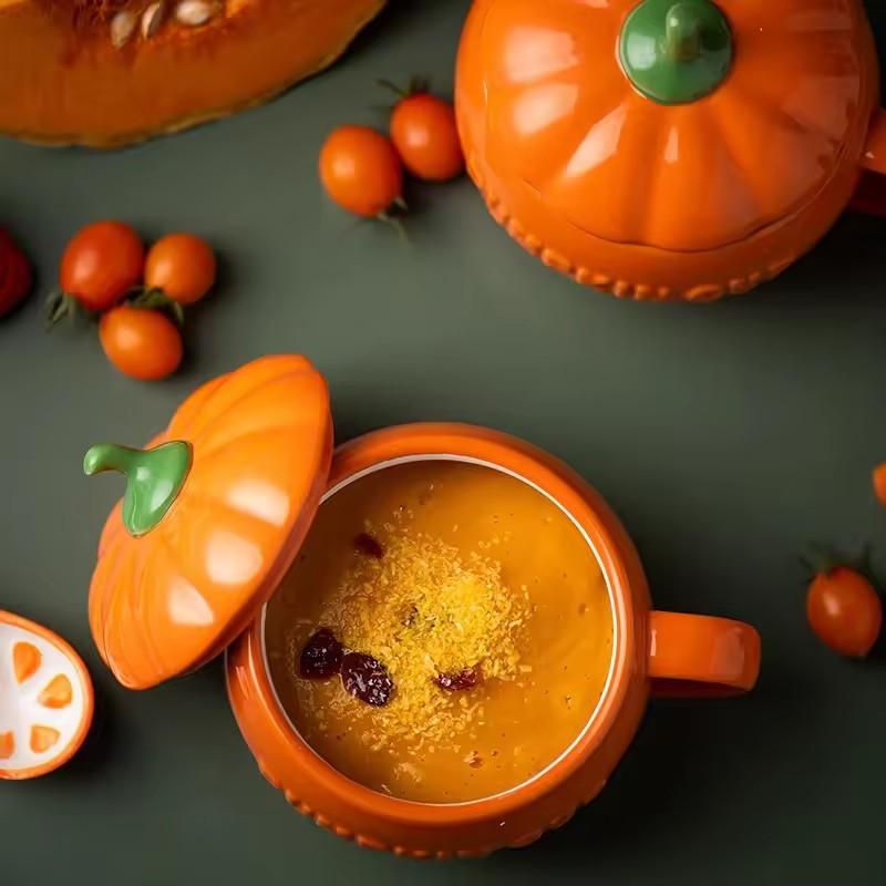 Pumpkin Cup Creative Personality Trend Water Cup Ceramic With Lid Spoon Breakfast Oatmeal Mug High Appearance Level Lovely Girl