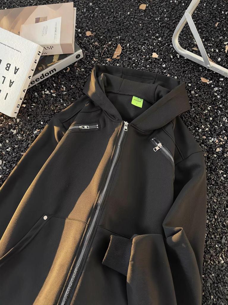 Unisex Spring Shoulder Padded Jacket: High Street Cool, Zipper Accents, Fashion Hoodie Cardigan