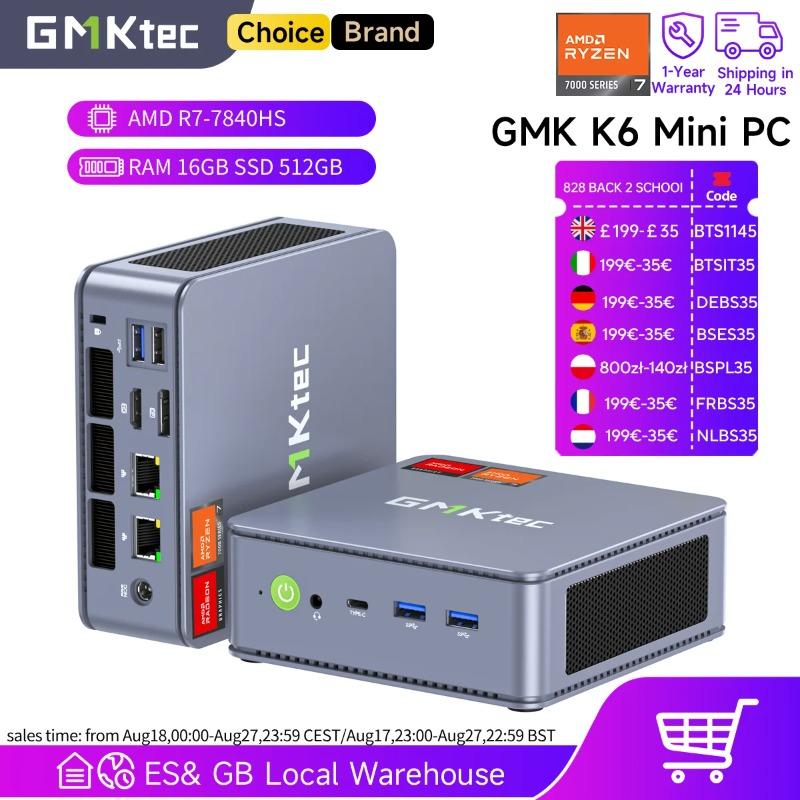 GMKtec K6 Mini PC AMD R7-7840HS 8C/16T 16 GB RAM 512 GB PCIe 4.0 SSD Mini komputer stacjonarny Windows 11 Pro WiFi 6E/BTstimule Type-C