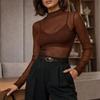 Women's Sheer Mesh Mock Neck T-Shirt Slim Fit Base Layer Top for and Daily Wear