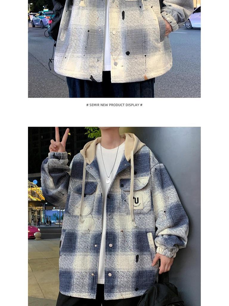 Men's Hooded Plaid Cotton Jacket - Spring/Autumn/Winter Workwear for Youth Students