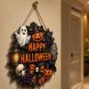 Wooden Halloween Hanging Sign with Spider Web Pumpkin Ghost Cat Skull and Bow for Indoor Outdoor Party Wall Decoration