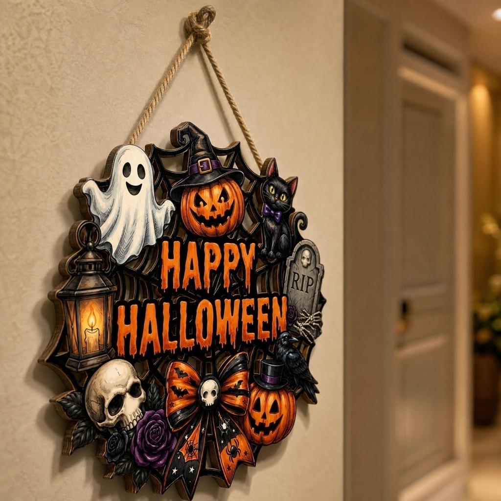 Wooden Halloween Hanging Sign with Spider Web Pumpkin Ghost Cat Skull and Bow for Indoor Outdoor Party Wall Decoration