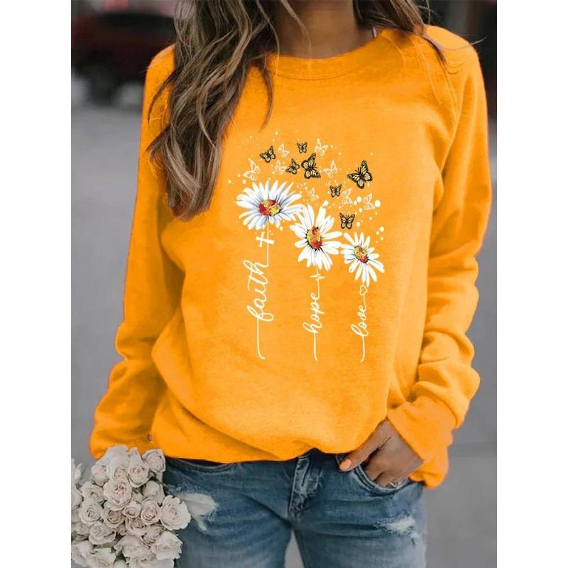 Vinter Dame Daisy Printed Topper T-skjorte Dame Rundhals Langermet Casual Sweatshirt Plus Size Bluse