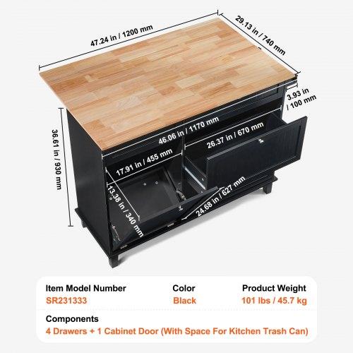 VEVOR Kitchen Island Cart, 50" Wood Top Breakfast Bar with Trash Cabinet Tilt Out 10 Gallon Storage