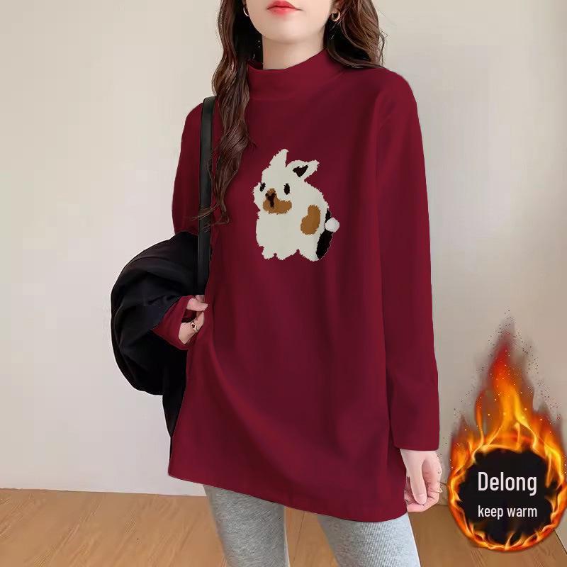 Plus Size Women's German Velvet Long Sleeve T-shirt: Loose Mid-Length Base Shirt for Early Spring, Autumn, and Winter.