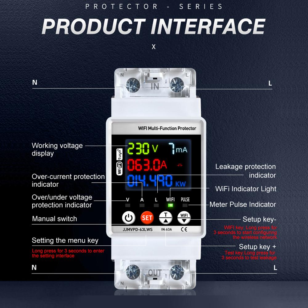 Tuya WiFi Power Meter 63A Automatic Protector Color Screen Electricity Energy Meter Multifunction Power Switch Circuit Breaker